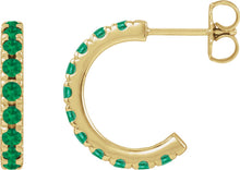 Load image into Gallery viewer, 14k Yellow Gold Lab-Grown Emerald French-Set Huggie Hoop Earrings