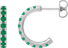 Load image into Gallery viewer, 14k White Gold Lab-Grown Emerald French-Set Huggie Hoop Earrings