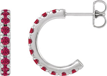 Load image into Gallery viewer, 14k White Gold Lab-Grown Ruby French-Set Huggie Hoop Earrings