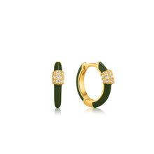 Load image into Gallery viewer, Forest Green Enamel Carabiner Gold Huggie Hoop Earrings