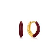 Load image into Gallery viewer, Claret Red Enamel Gold Sleek Huggie Hoop Earrings