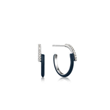 Load image into Gallery viewer, Navy Blue Enamel Silver Sparkle Overlap Hoop Earrings