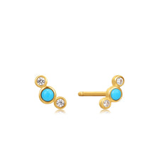 Load image into Gallery viewer, 14kt Gold Turquoise Cabochon and White Sapphire Stud Earrings
