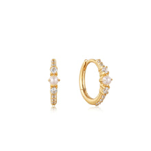 Load image into Gallery viewer, 14kt Gold Pearl and White Sapphire Huggie Hoop Earrings