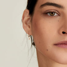 Load image into Gallery viewer, 14kt Gold Pearl Drop and White Sapphire Huggie Hoop Earrings