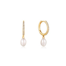 Load image into Gallery viewer, 14kt Gold Pearl Drop and White Sapphire Huggie Hoop Earrings