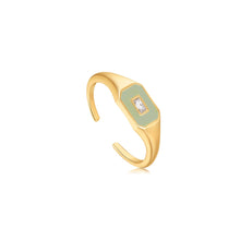 Load image into Gallery viewer, Sage Enamel Emblem Gold Adjustable Ring
