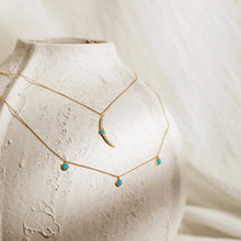 Load image into Gallery viewer, NORA | Turquoise &amp; White Sapphire Crescent Moon Necklace by Aurelie Gi — on model
