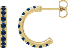 Load image into Gallery viewer, 14k Yellow Gold Lab-Grown Blue Sapphire French-Set Huggie Hoop Earrings
