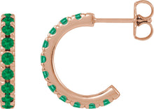 Load image into Gallery viewer, 14k Rose Gold Lab-Grown Emerald French-Set Huggie Hoop Earrings
