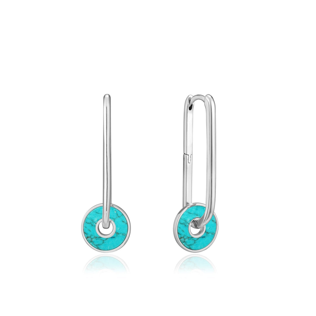 Silver Turquoise Disc Hoop Earrings