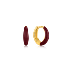 Load image into Gallery viewer, Claret Red Enamel Gold Sleek Huggie Hoop Earrings
