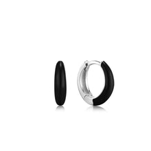 Load image into Gallery viewer, Raven Black Enamel Silver Sleek Huggie Hoop Earrings
