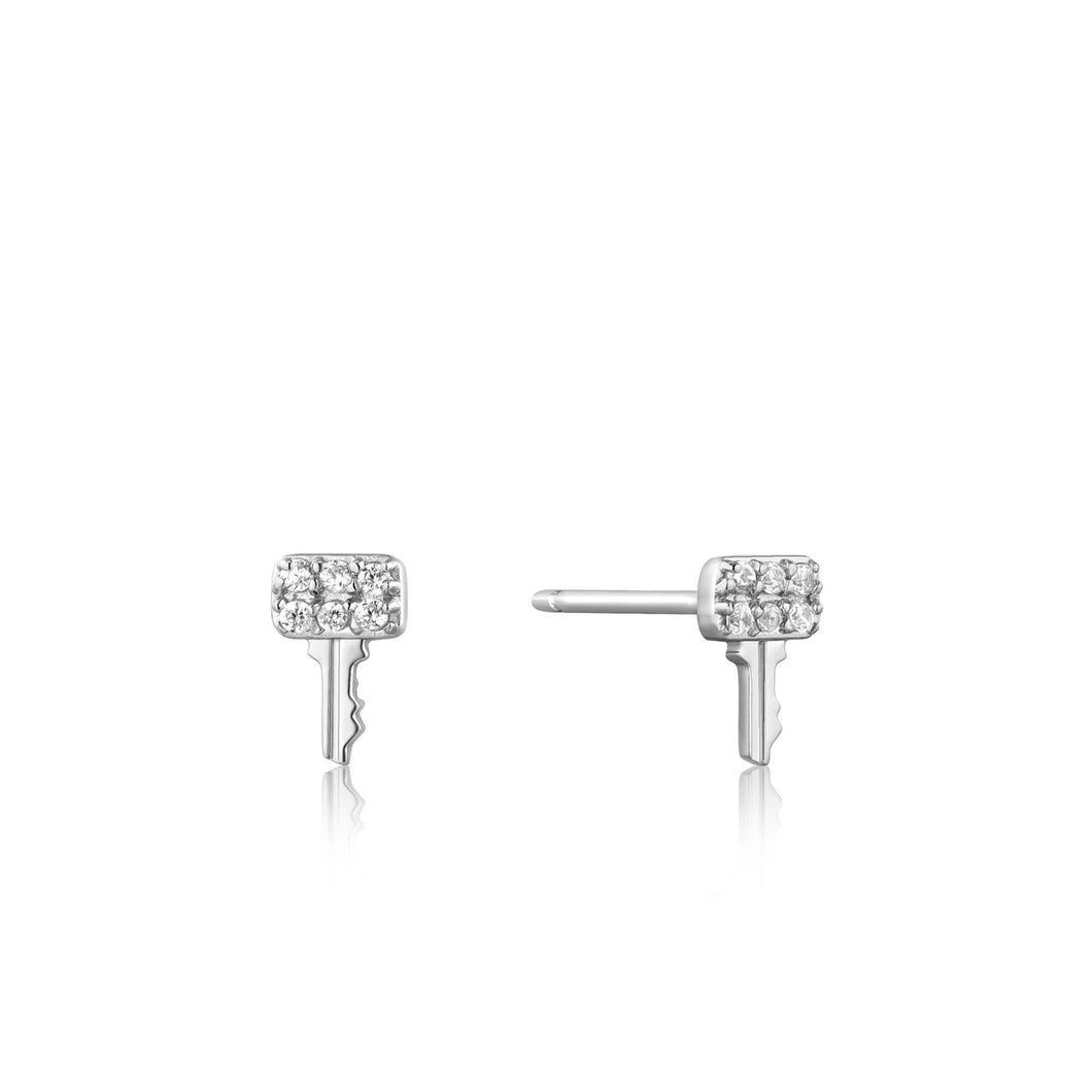 Silver Key Sparkle Stud Earrings