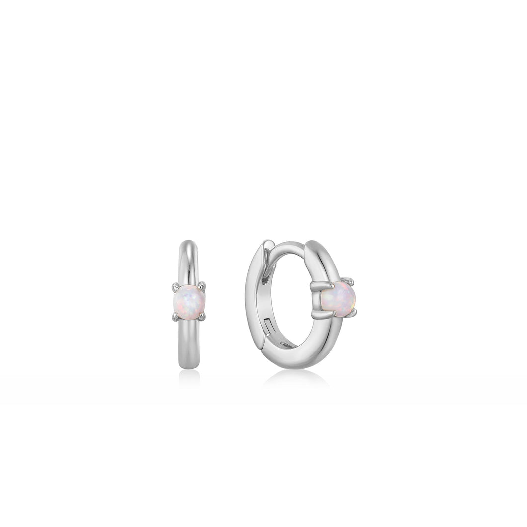 Silver Kyoto Opal Cabochon Huggie Hoop Earrings