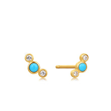 Load image into Gallery viewer, 14kt Gold Turquoise Cabochon and White Sapphire Stud Earrings
