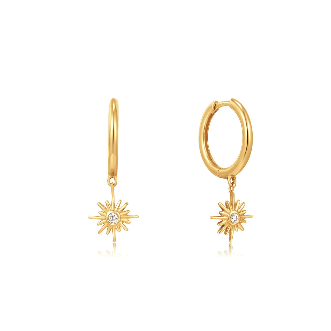 14kt Gold Natural Diamond Sunburst Huggie Hoop Earrings