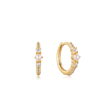 Load image into Gallery viewer, 14kt Gold Pearl and White Sapphire Huggie Hoop Earrings

