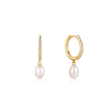 Load image into Gallery viewer, 14kt Gold Pearl Drop and White Sapphire Huggie Hoop Earrings
