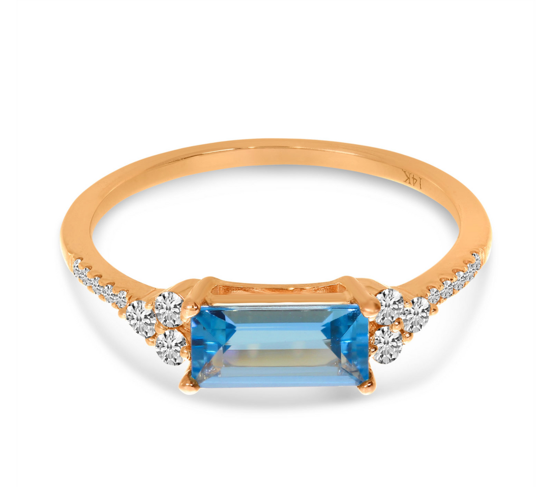 East West Octagon Blue Topaz and Diamond RIng